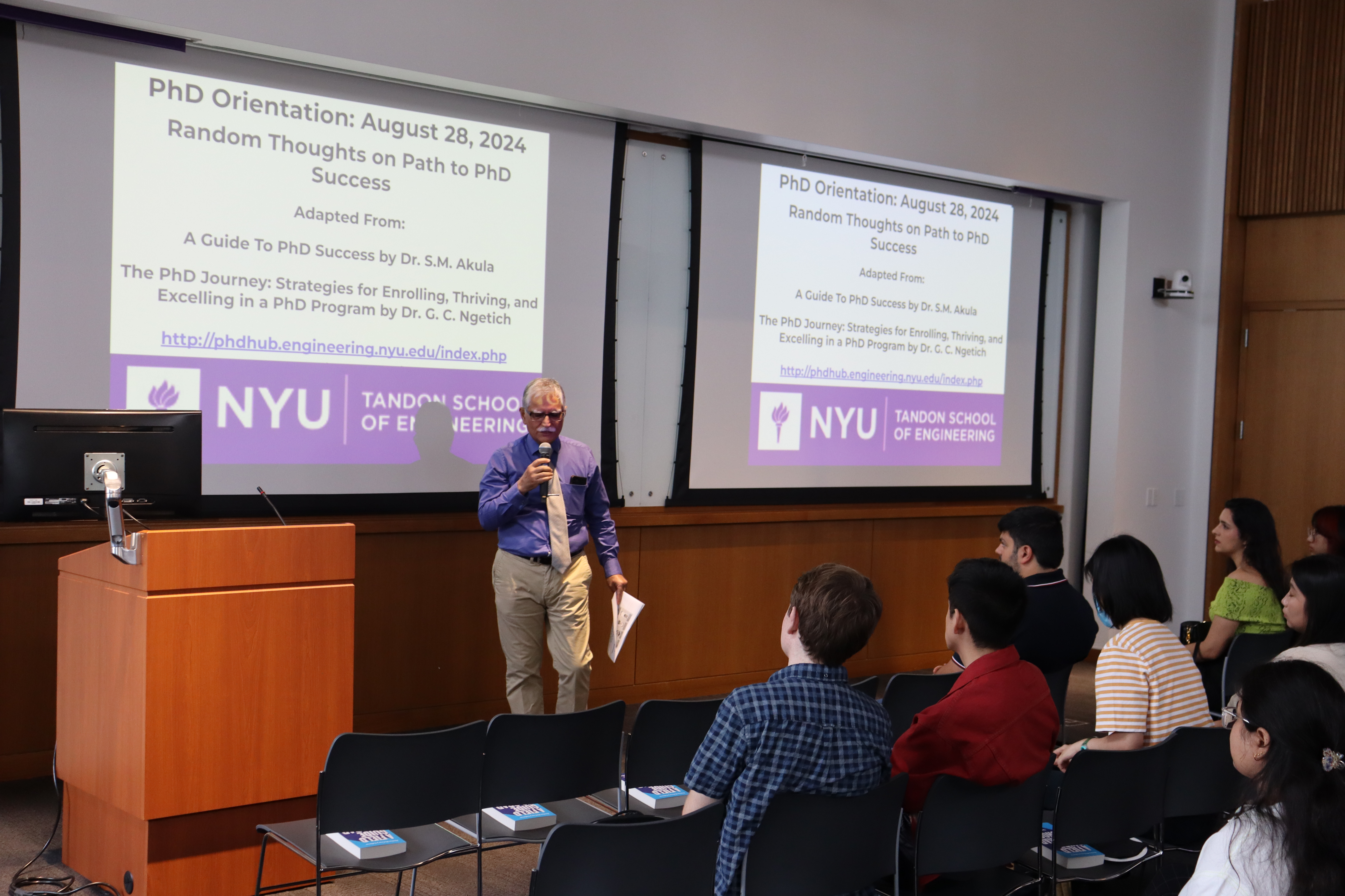 Prof. Vikram Kapila giving a presentation at the Fall 2024 PhD Orientation